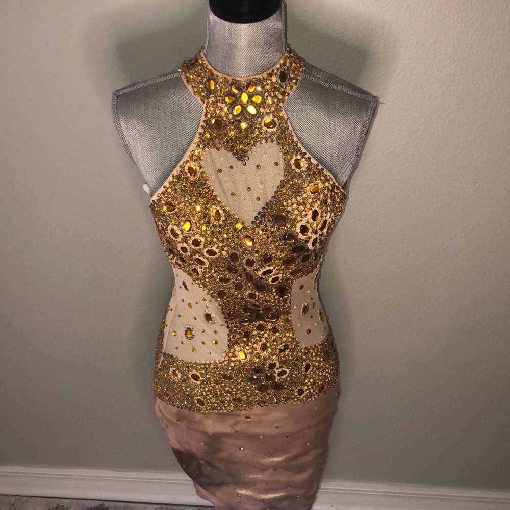 Bahiye fashions Miami crystal gold embellishments prom/homecoming dress S